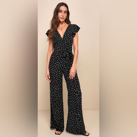 NEW Lulus Fine Print Black and White Print Backless Jumpsuit - Picture 1 of 16